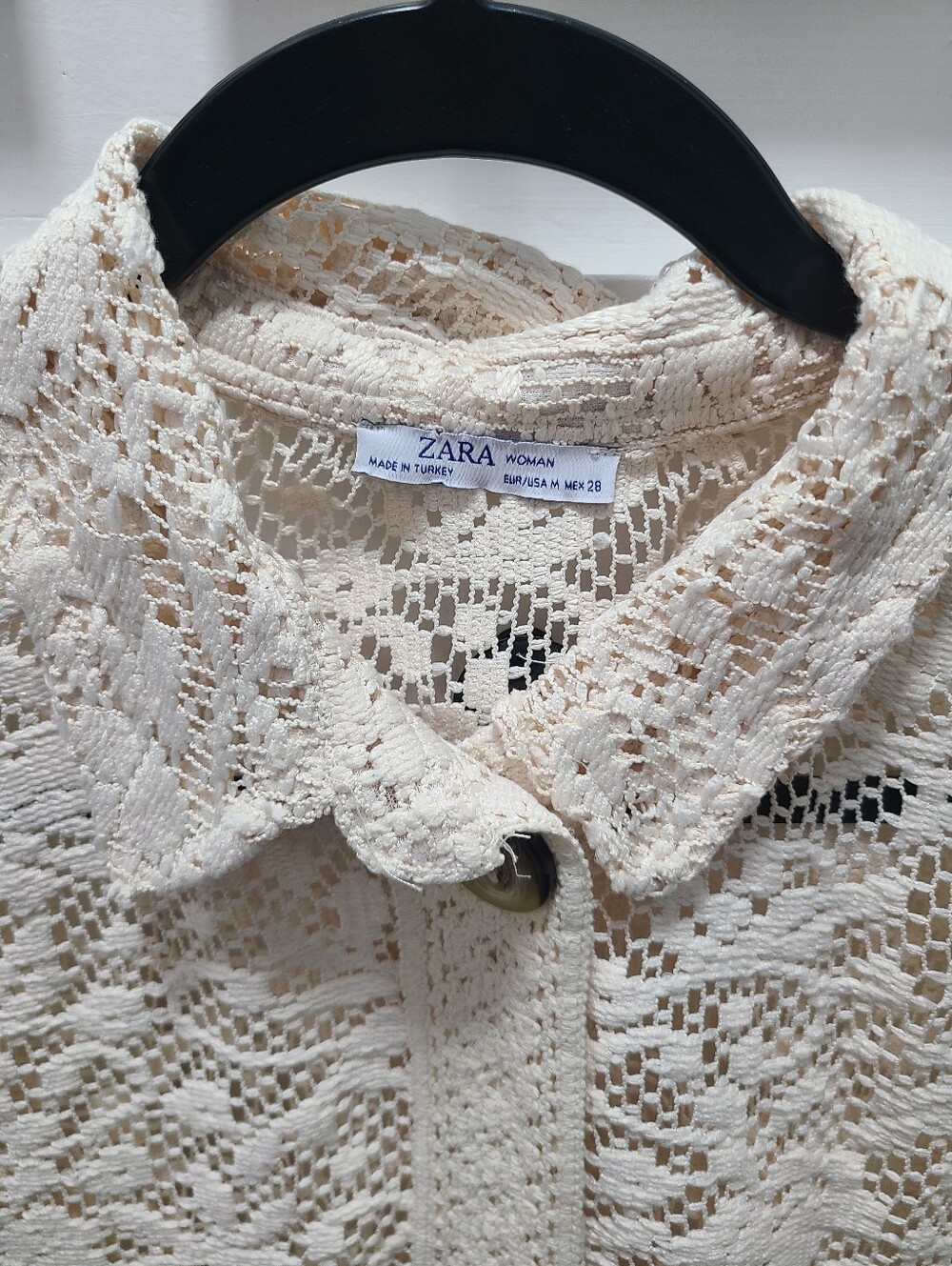 ZARA WOMAN Cream Floral Wave Lace Short-Sleeve Collared Blouse- Medium Boho Chic - Picture 3 of 7